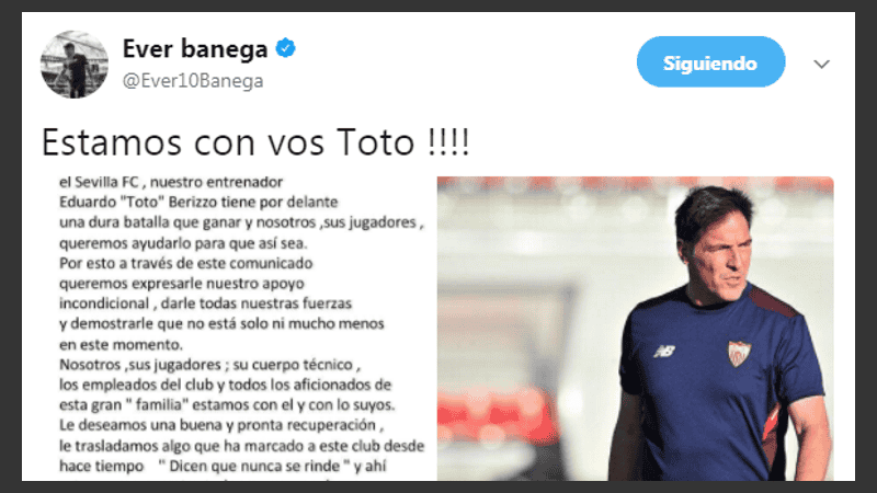 La carta al Toto Berizzo en el Twitter de Ever Banega.