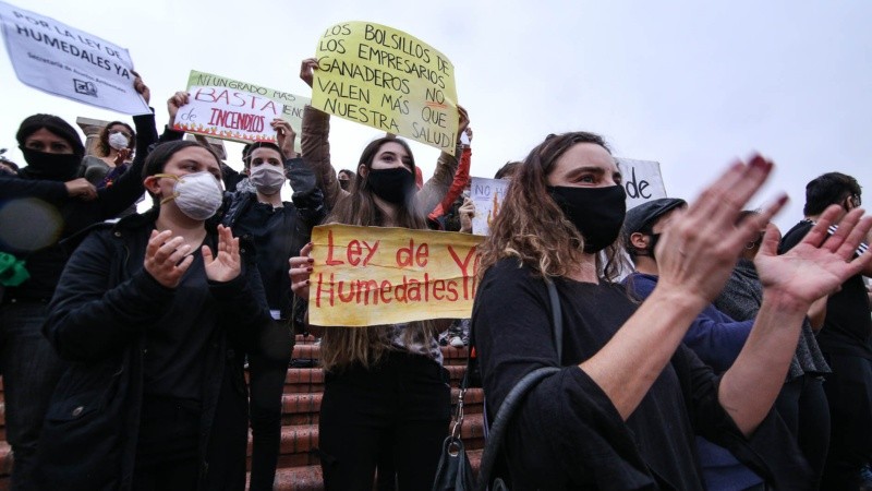 Con carteles y barbijos, la marcha exigió el cese de los incendios en las islas.