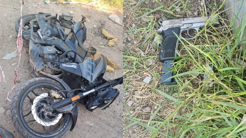 La moto y la pistola incautada en el operativo policial posterior al doble homicidio, donde hubo cuatro arrestados.