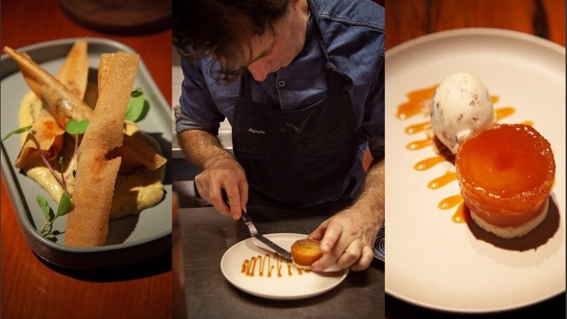 Langostinos crujientes con hierbas en masa philo / el chef Carlos confeccionando el postre / la tarta Tatín con Stracciatella.